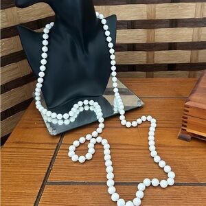 Vintage White Plastic Bead Opera Necklace 28”